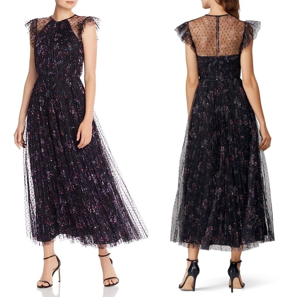 JILL STUART Floral‎ Tulle Sheer Dot Ruffle Flutter Sleeve Pleated Maxi Gown 0 - Picture 5 of 15